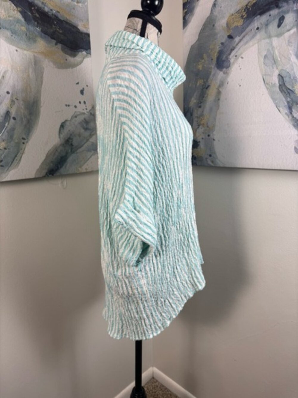BOHO CHIC Aqua Stripe Cotton Oversized Turtleneck Tunic Top S - Picture 4 of 10